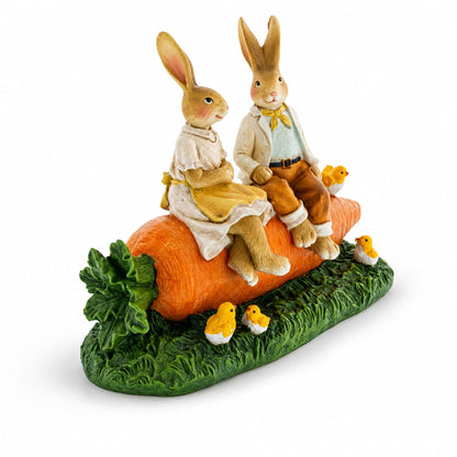 Romantic Easter Bunny Pair on Carrot with Chicks Spring Decor 6.3 Inches Tall