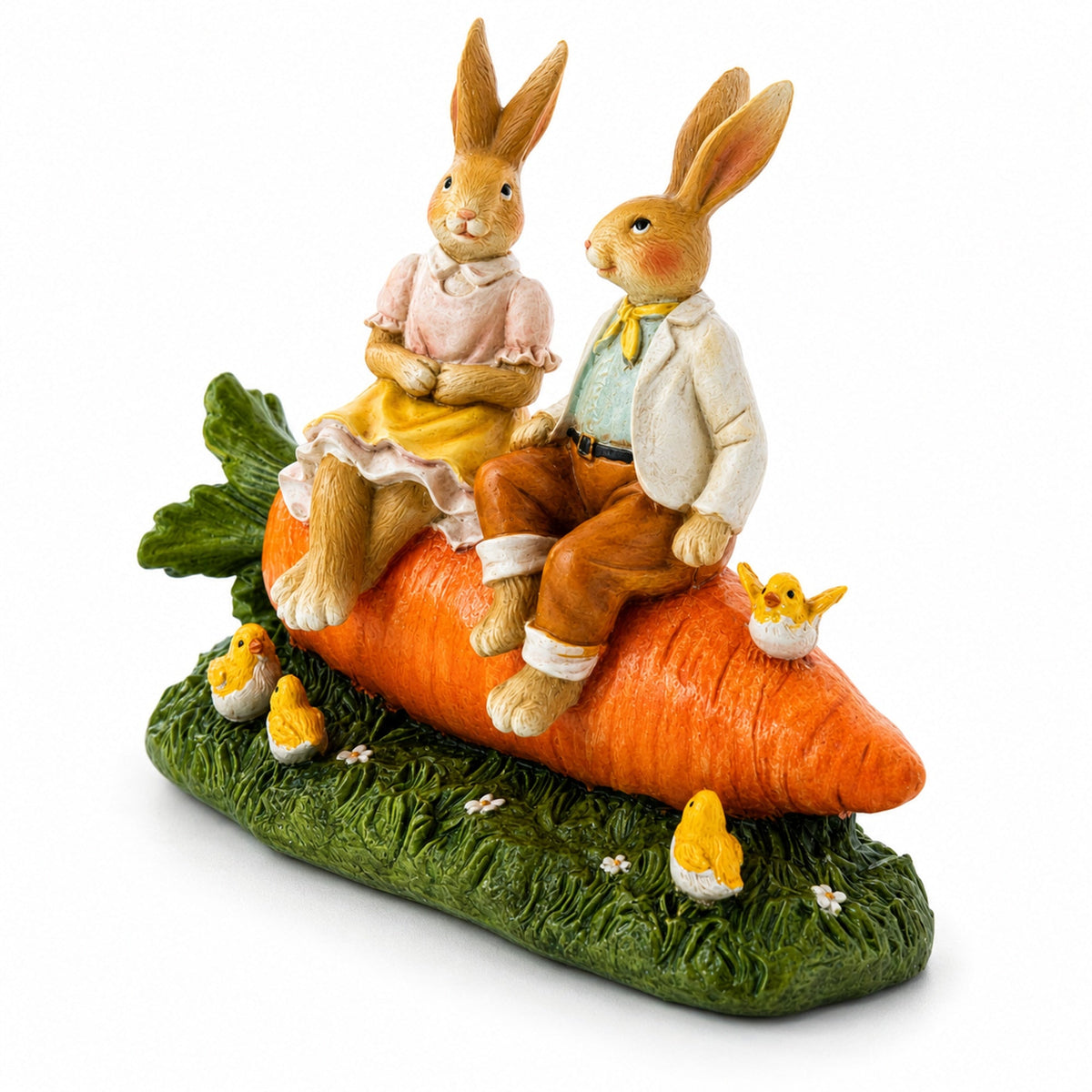 Romantic Easter Bunny Pair on Carrot with Chicks Spring Decor 6.3 Inches Tall