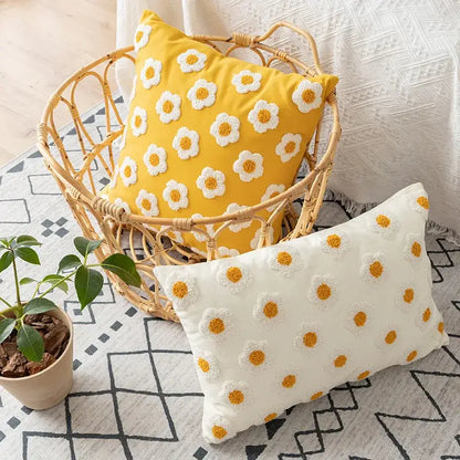 Yellow and cream daisy floral embroidery pillow cover living room