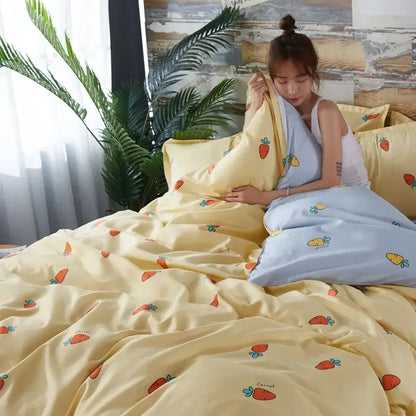Yellow and light blue carrot cartoon printed bedding set bedroom