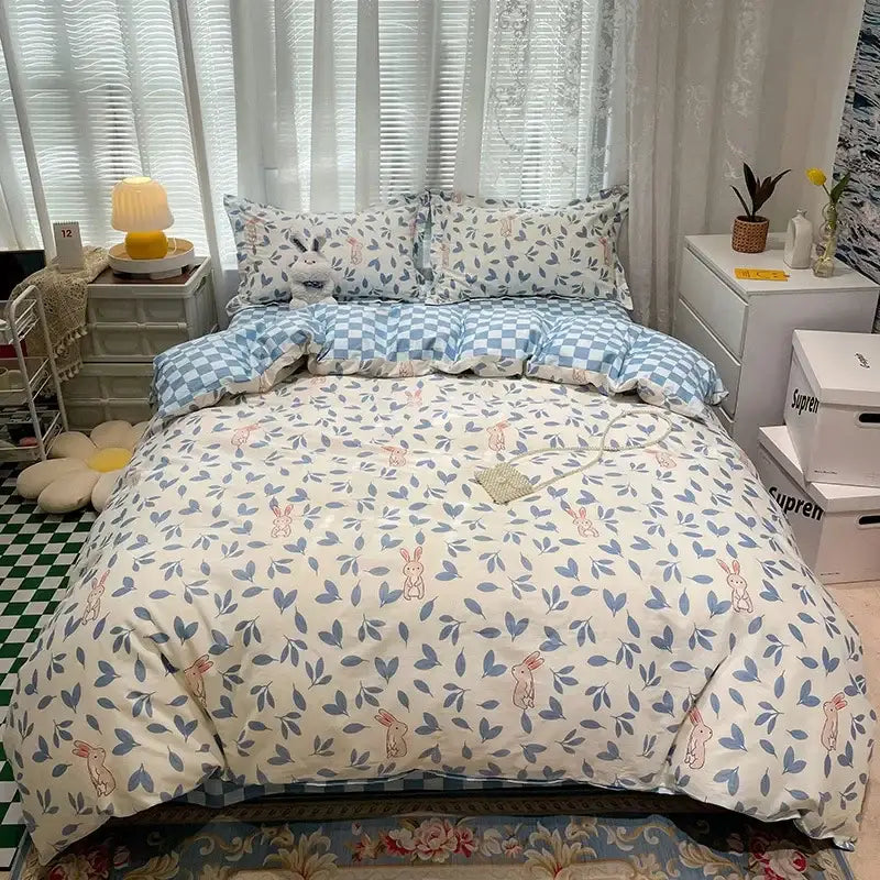 Yellow and white flowers print cotton bedding set bedroom bunny decor