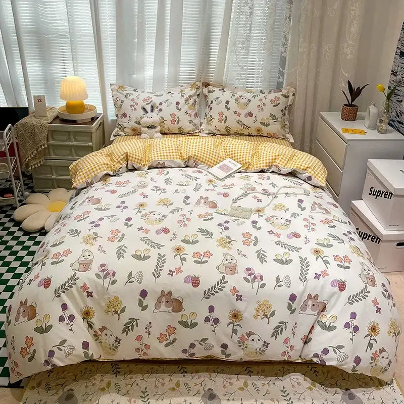 Yellow and white flowers print cotton bedding set bedroom bunny decor