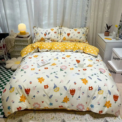 Yellow and white flowers print cotton bedding set bedroom bunny decor