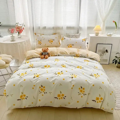 Yellow and white flowers print cotton bedding set bedroom bunny decor