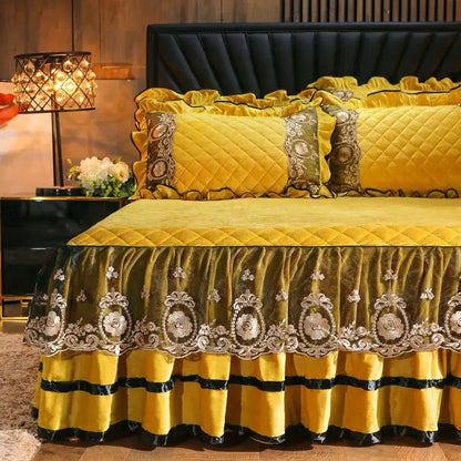 Yellow & black crystal velvet bedspread set bedroom lace quilted skirt