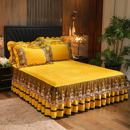 Yellow & black crystal velvet bedspread set bedroom lace quilted skirt