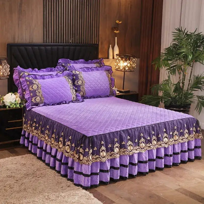 Yellow & black crystal velvet bedspread set bedroom lace quilted skirt