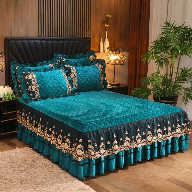 Yellow & black crystal velvet bedspread set bedroom lace quilted skirt