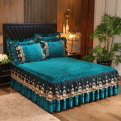 Yellow & black crystal velvet bedspread set bedroom lace quilted skirt