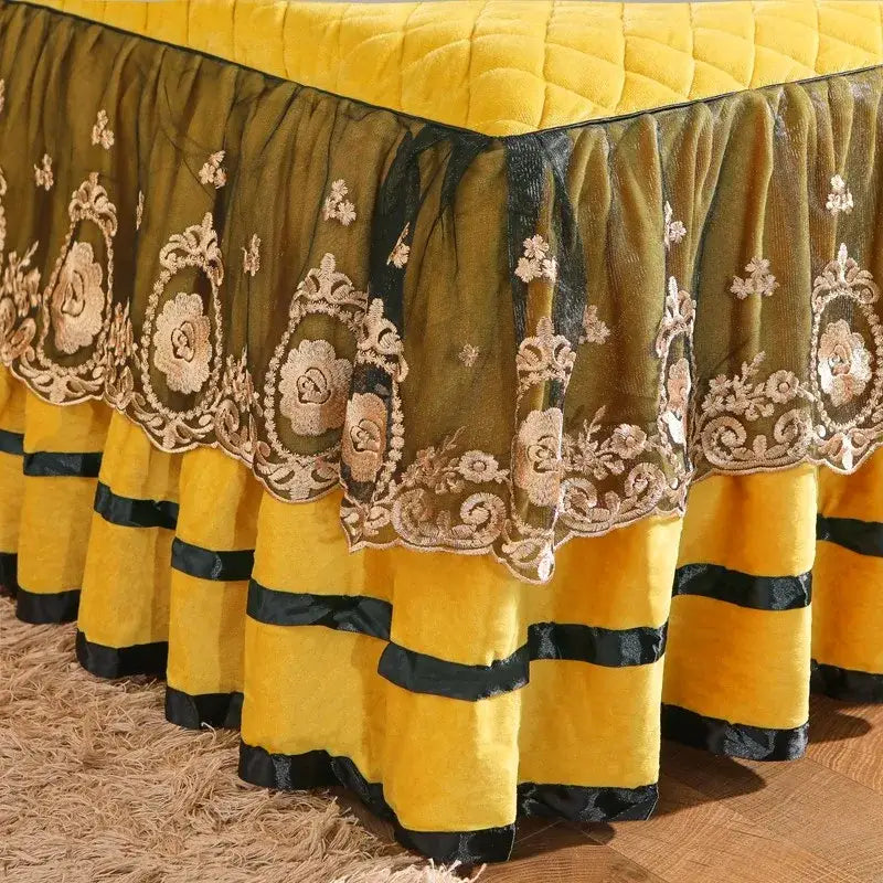 Yellow & black crystal velvet bedspread set bedroom lace quilted skirt