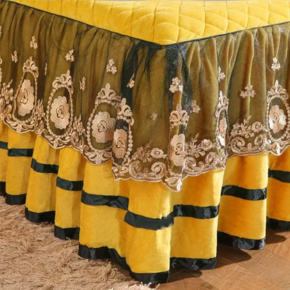 Yellow & black crystal velvet bedspread set bedroom lace quilted skirt