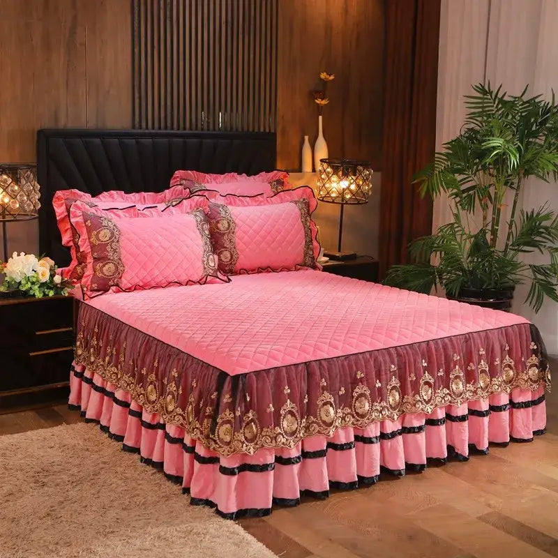 Yellow & black crystal velvet bedspread set bedroom lace quilted skirt