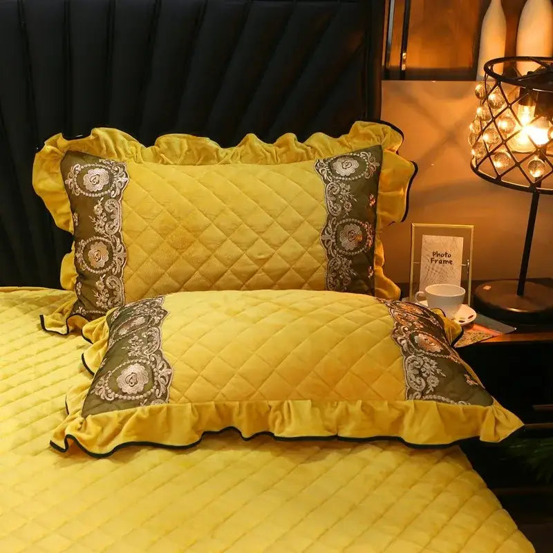 Yellow & black crystal velvet bedspread set bedroom lace quilted skirt