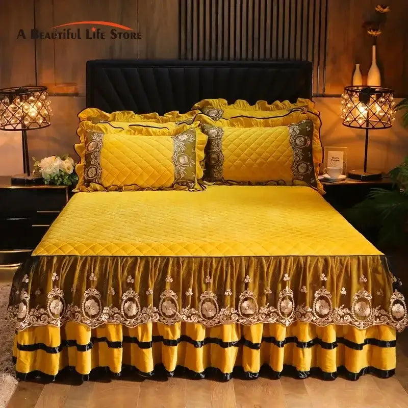Yellow & black crystal velvet bedspread set bedroom lace quilted skirt