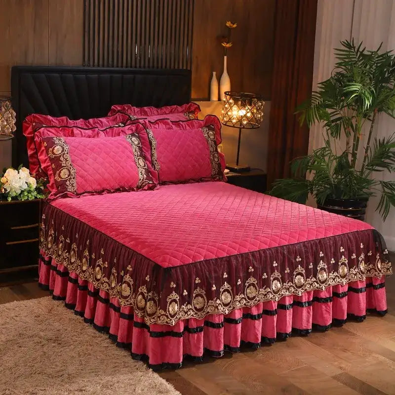 Yellow & black crystal velvet bedspread set bedroom lace quilted skirt
