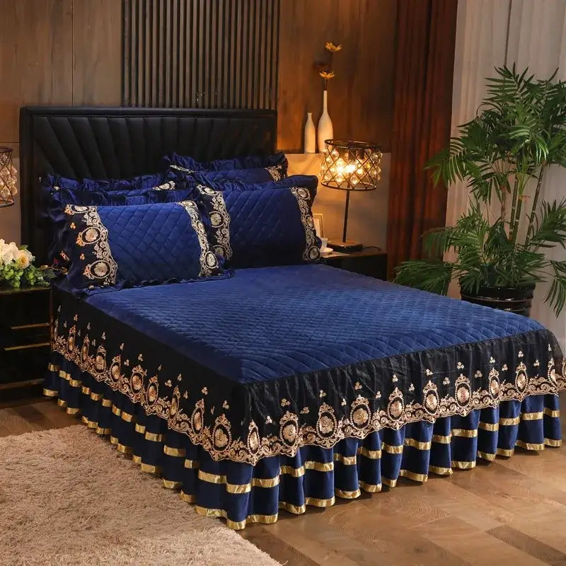 Yellow & black crystal velvet bedspread set bedroom lace quilted skirt