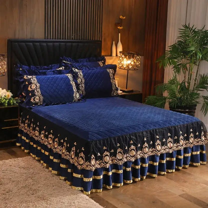Yellow & black crystal velvet bedspread set bedroom lace quilted skirt