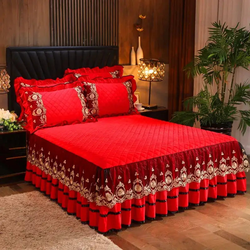 Yellow & black crystal velvet bedspread set bedroom lace quilted skirt