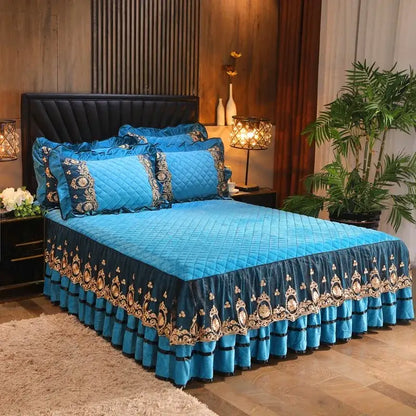 Yellow & black crystal velvet bedspread set bedroom lace quilted skirt