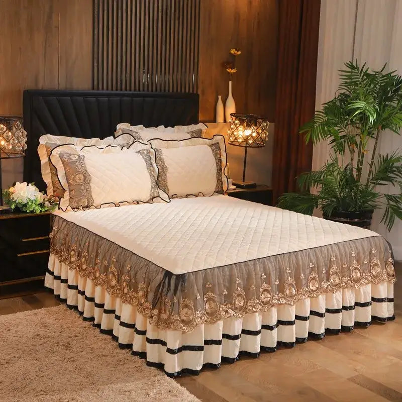 Yellow & black crystal velvet bedspread set bedroom lace quilted skirt