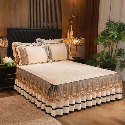 Yellow & black crystal velvet bedspread set bedroom lace quilted skirt