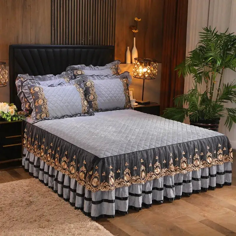 Yellow & black crystal velvet bedspread set bedroom lace quilted skirt