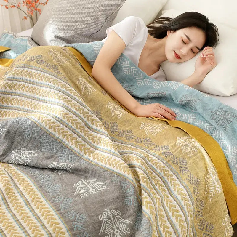Yellow & blue cotton stripe gauze towel quilt bedroom summer blanket