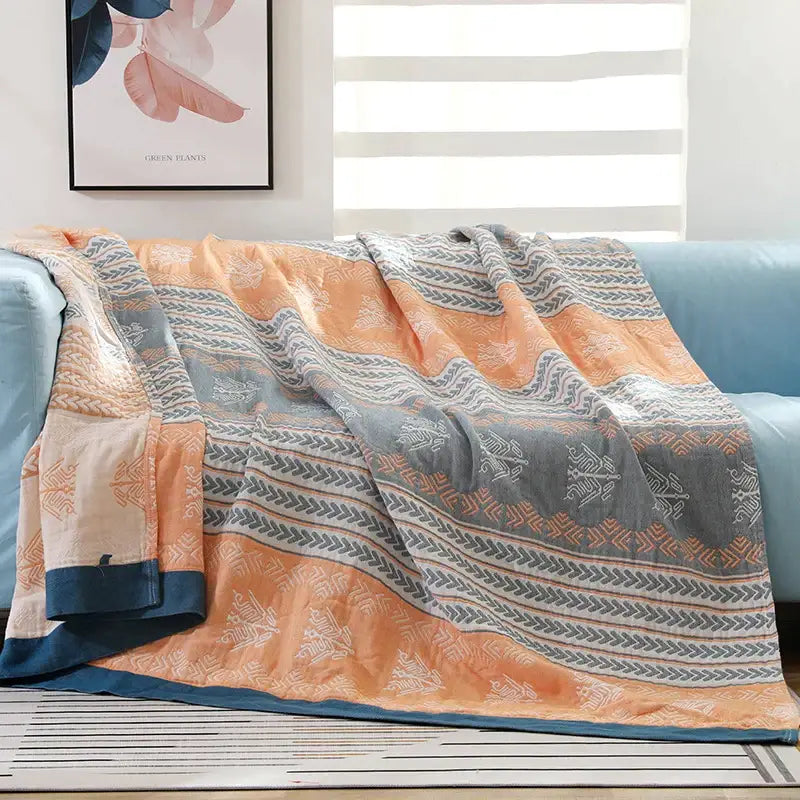 Yellow & blue cotton stripe gauze towel quilt bedroom summer blanket