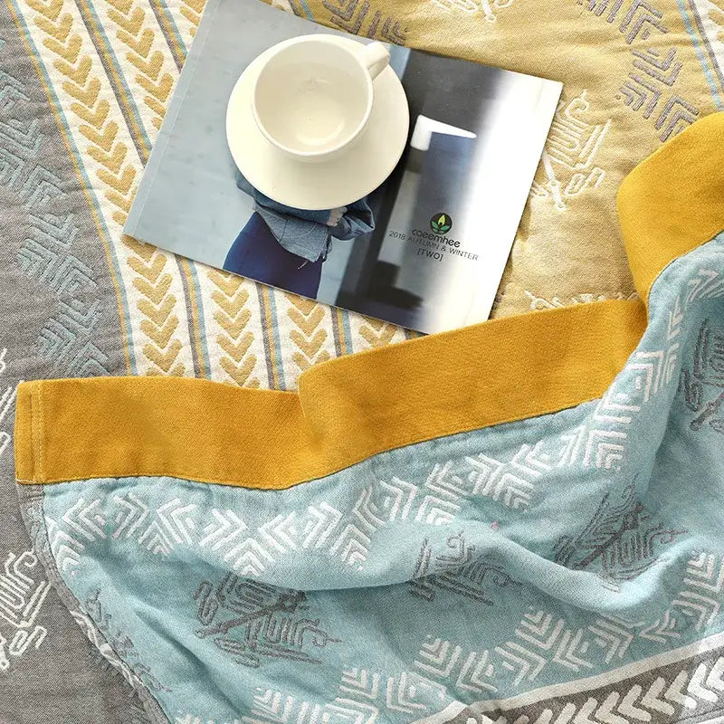 Yellow & blue cotton stripe gauze towel quilt bedroom summer blanket