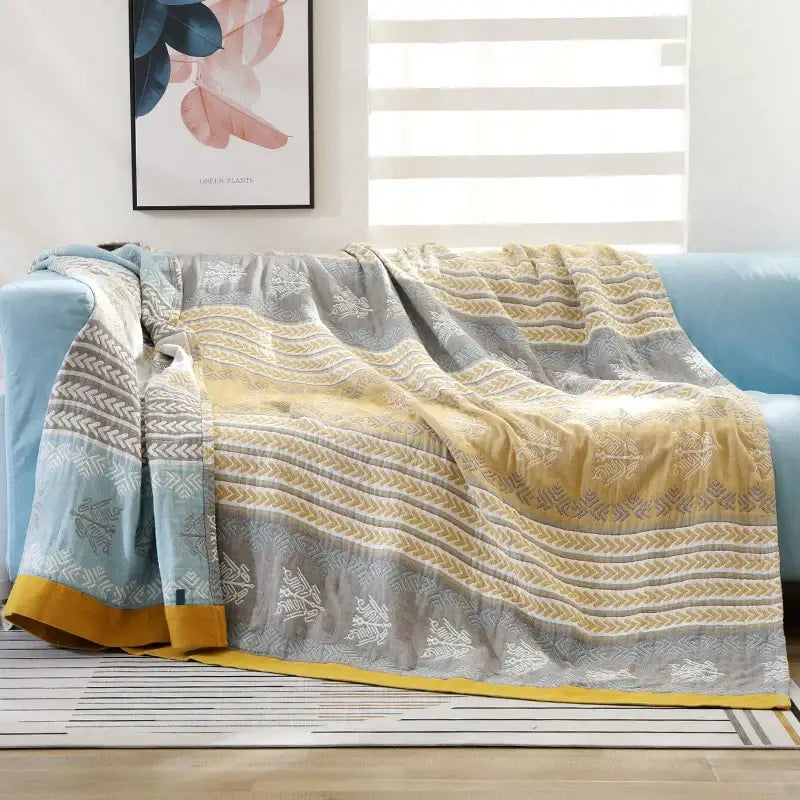 Yellow & blue cotton stripe gauze towel quilt bedroom summer blanket
