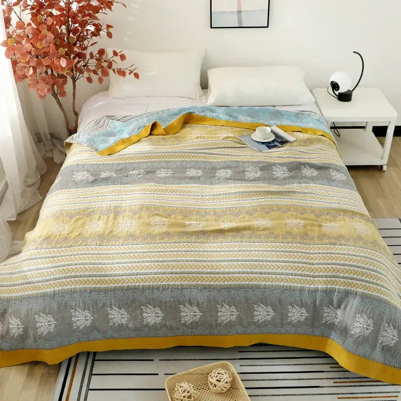 Yellow & blue cotton stripe gauze towel quilt bedroom summer blanket