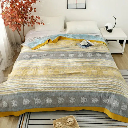 Yellow & blue cotton stripe gauze towel quilt bedroom summer blanket