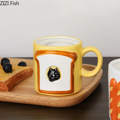 Yellow bread pattern ceramic cat mug kitchen toast cup