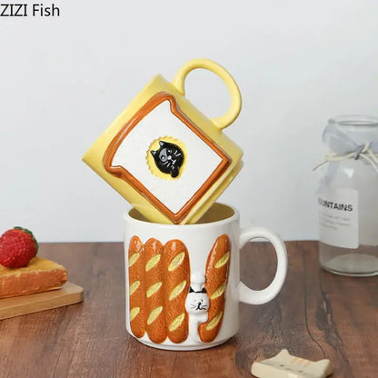 Yellow bread pattern ceramic cat mug kitchen toast cup