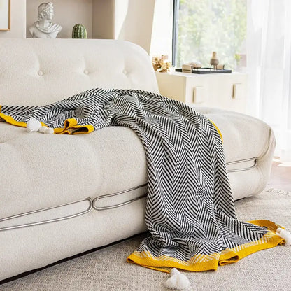 Yellow edge black & white diagonal stripe sofa blanket living room