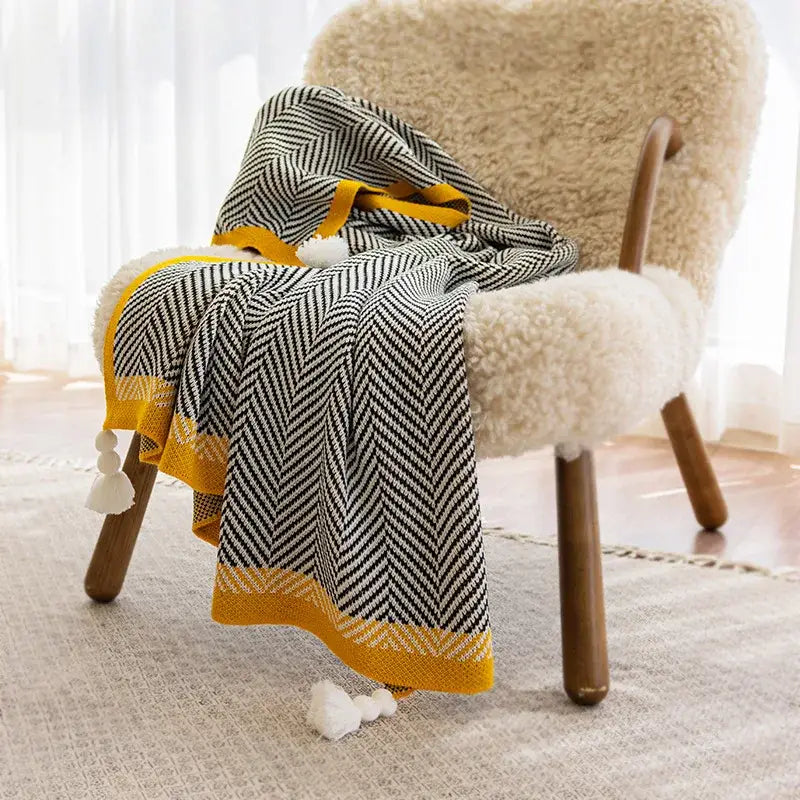 Yellow edge black & white diagonal stripe sofa blanket living room