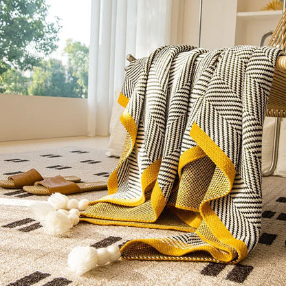 Yellow edge black & white diagonal stripe sofa blanket living room