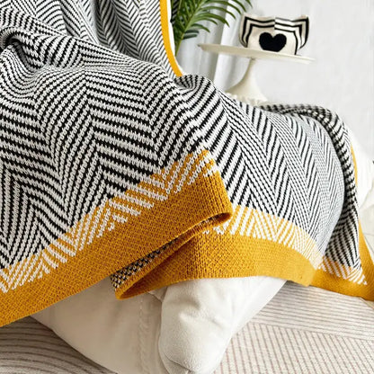 Yellow edge black & white diagonal stripe sofa blanket living room