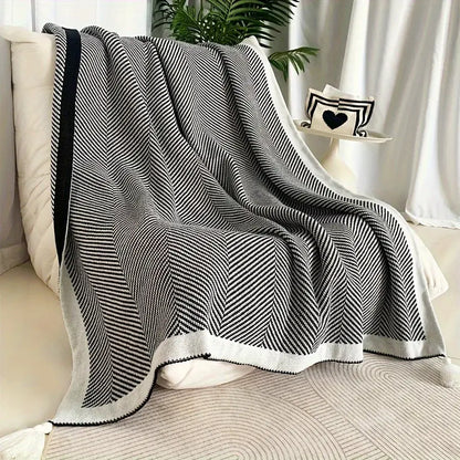 Yellow edge black & white diagonal stripe sofa blanket living room