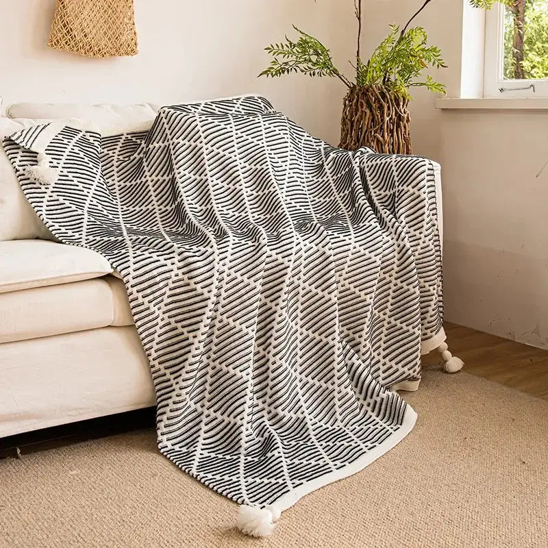 Yellow edge black & white diagonal stripe sofa blanket living room