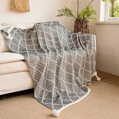 Yellow edge black & white diagonal stripe sofa blanket living room