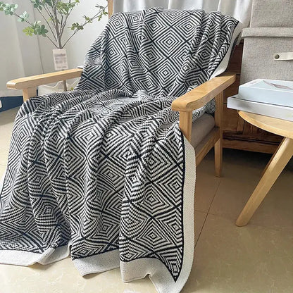 Yellow edge black & white diagonal stripe sofa blanket living room