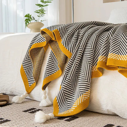 Yellow edge black & white diagonal stripe sofa blanket living room