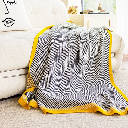 Yellow edge black & white diagonal stripe sofa blanket living room