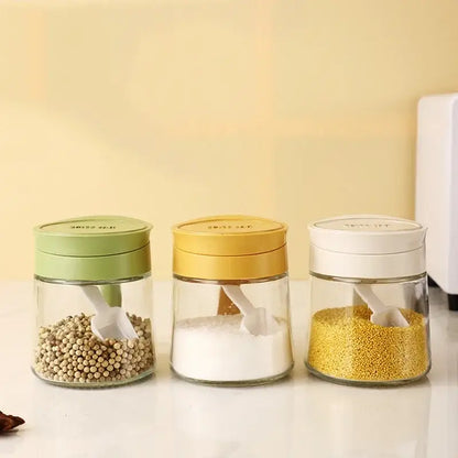 Yellow flip top glass seasoning jar with spoon kitchen spice shaker