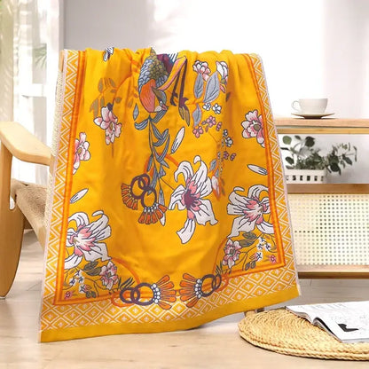 Yellow floral and bird cotton large bath towel bathroom decor