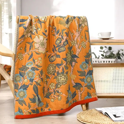 Yellow floral and bird cotton large bath towel bathroom decor