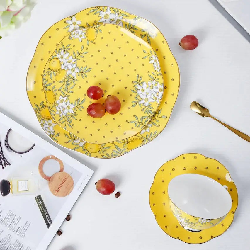 Yellow floral lemon tree bone china tea set dining room server