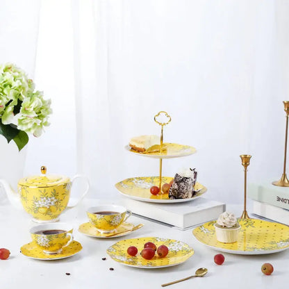 Yellow floral lemon tree bone china tea set dining room server