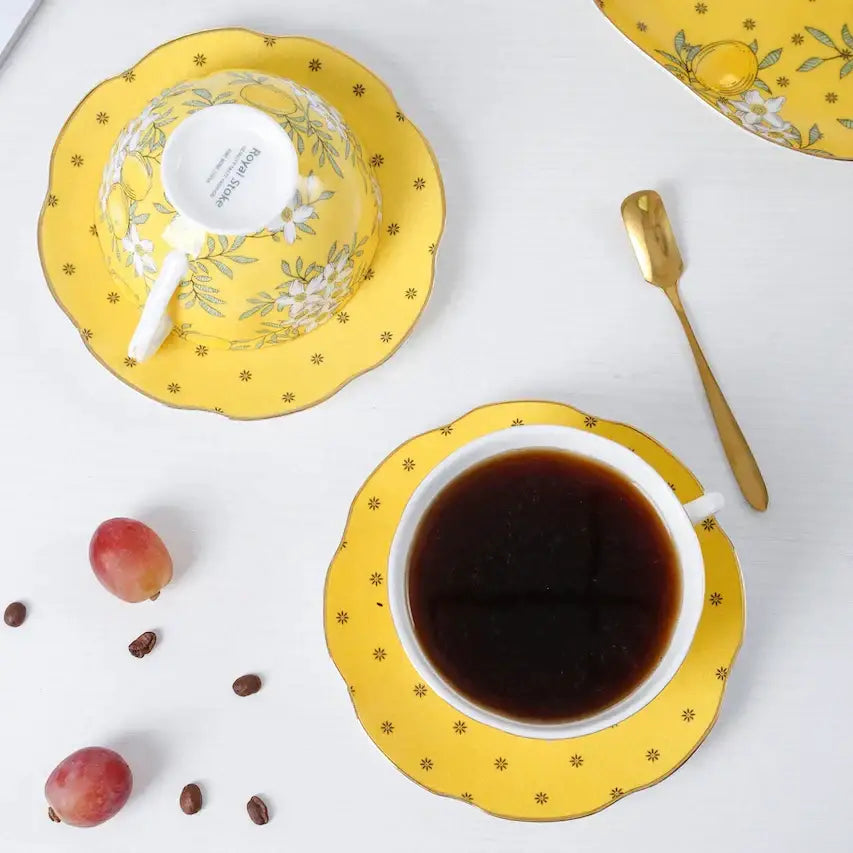 Yellow floral lemon tree bone china tea set dining room server